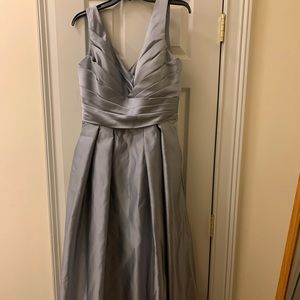 Floor length slate blue bridesmaid dress w/POCKETS